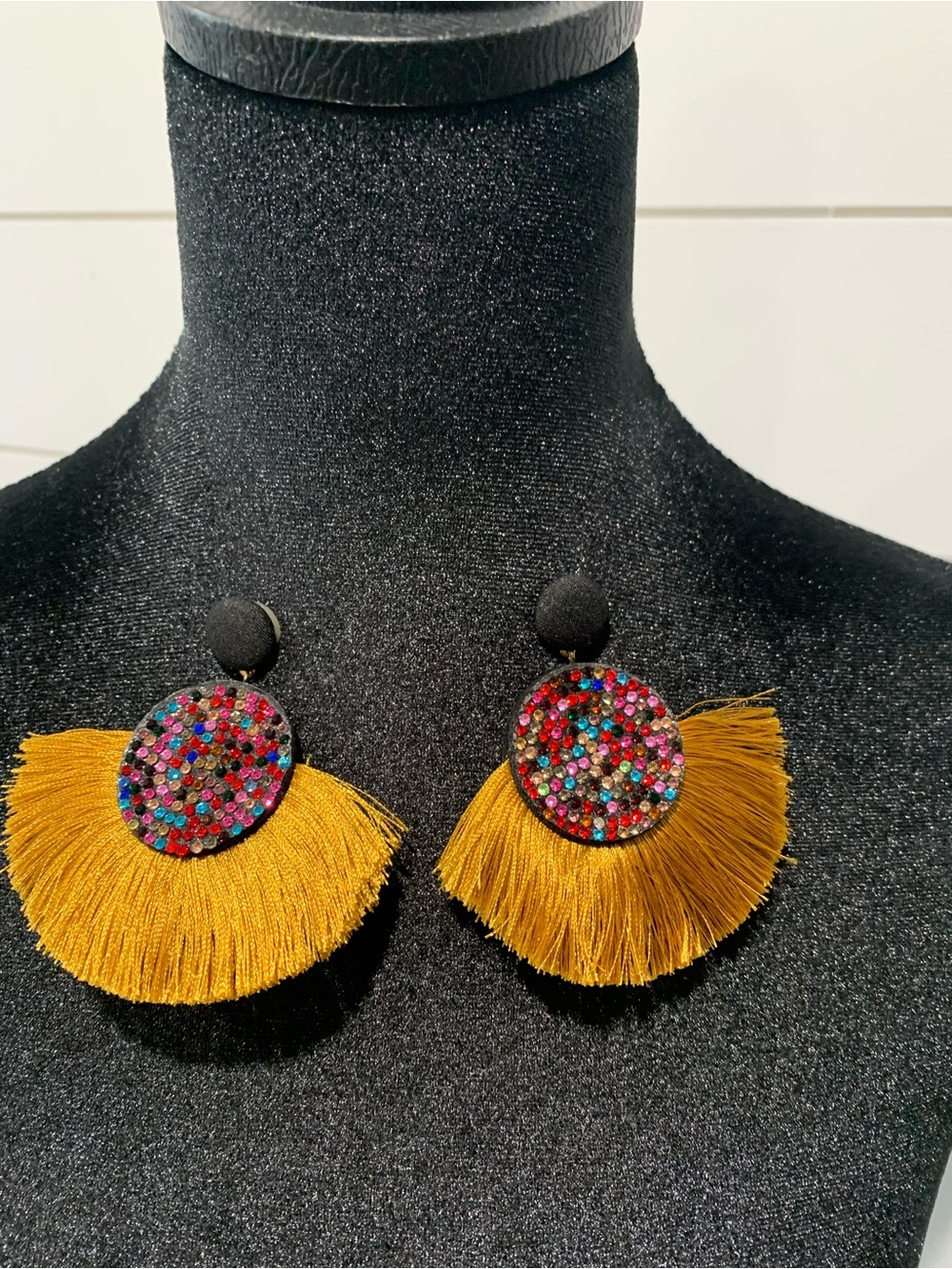 Gold Fringe Drop Earrings with Multicolor Beaded Discs